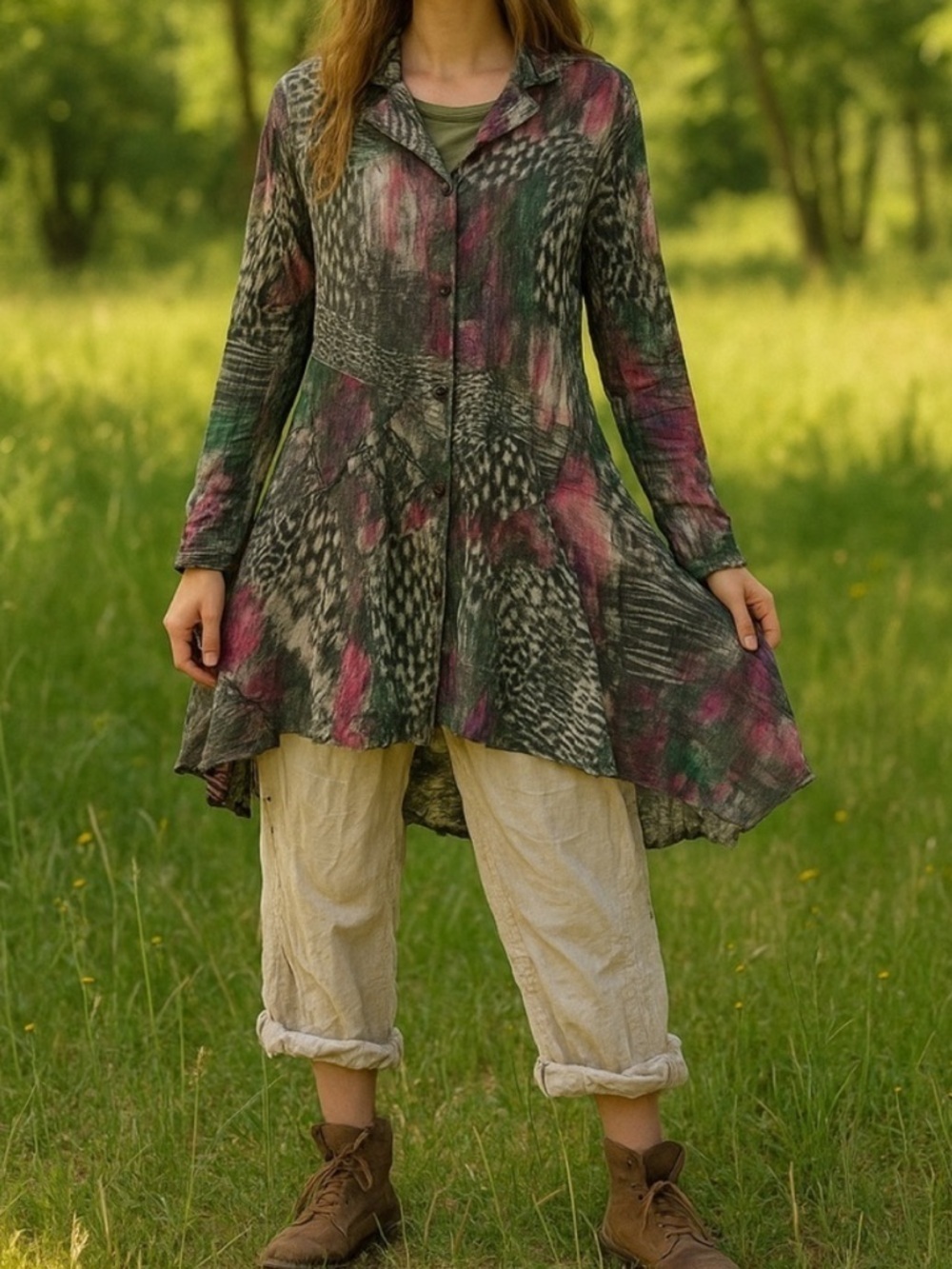 Giselle Shepatin Mixed Media Art to Wear Lace Mixed Print Gauze Tunic Small